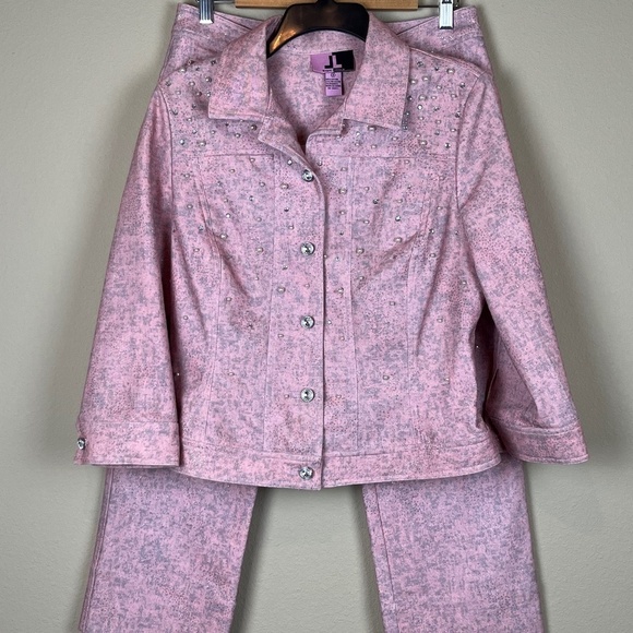 JL New York 2pc Pink/Gray Camo Shimmer/Bedazzled Rhinestone/Pearl Jacket/Pants - Picture 1 of 15